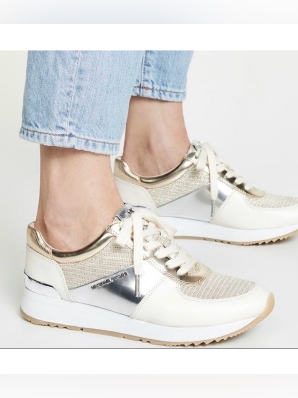 Michael Kors MK Allie Gold Silver Trainer Sneakers - Picture 1 of 14